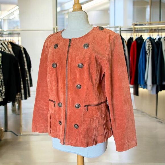 Burnt Orange Suede Leather Jacket w Ruffles & Large Buttons by Prosper & Devine - Picture 2 of 9